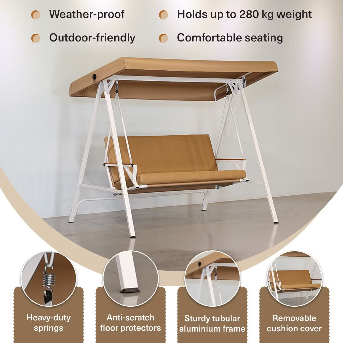 Averra 3-Seater Outdoor Swing Chair with Canopy - Brown Steel Frame & Cushions for Ultimate Comfort