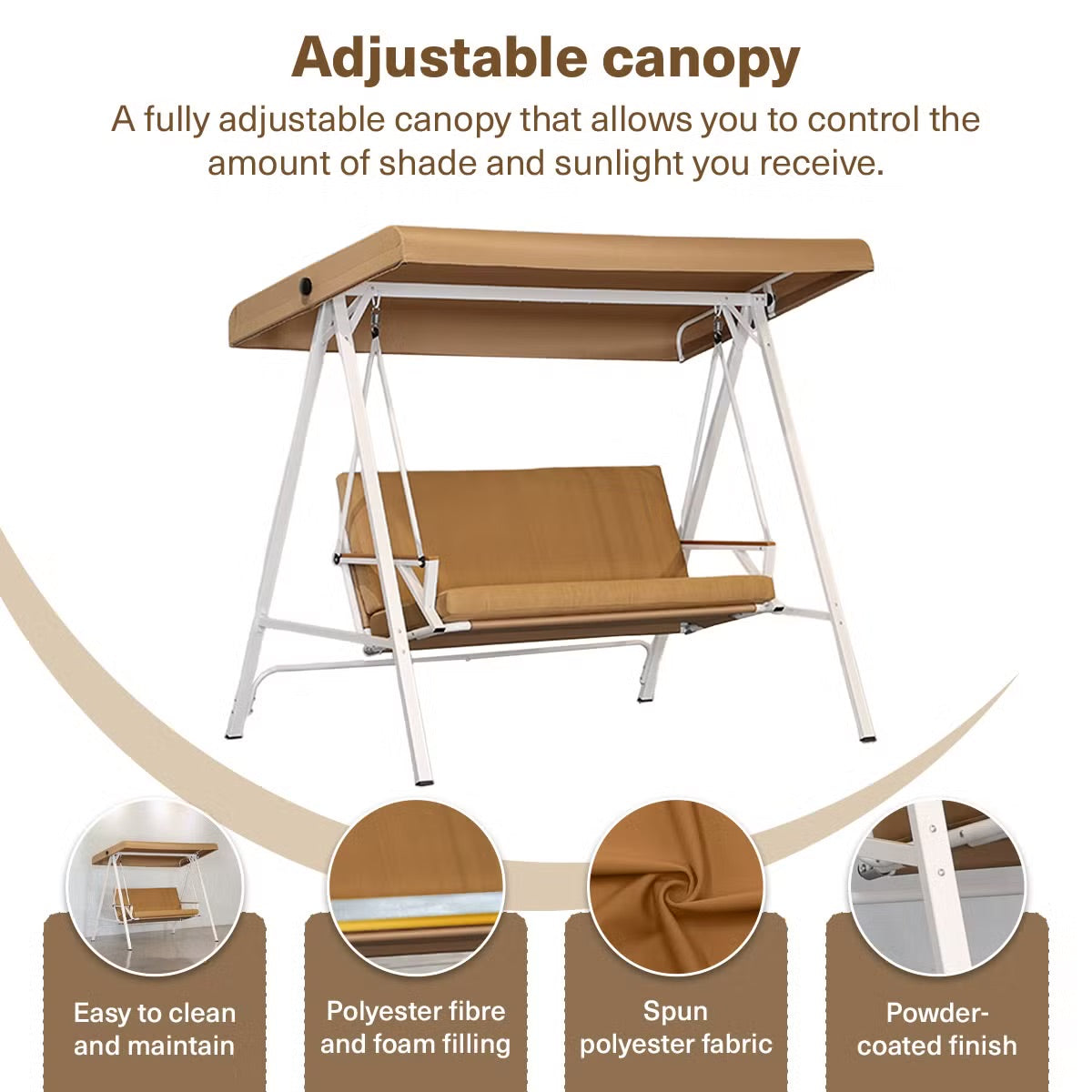 Averra 3-Seater Outdoor Swing Chair with Canopy - Brown Steel Frame & Cushions for Ultimate Comfort