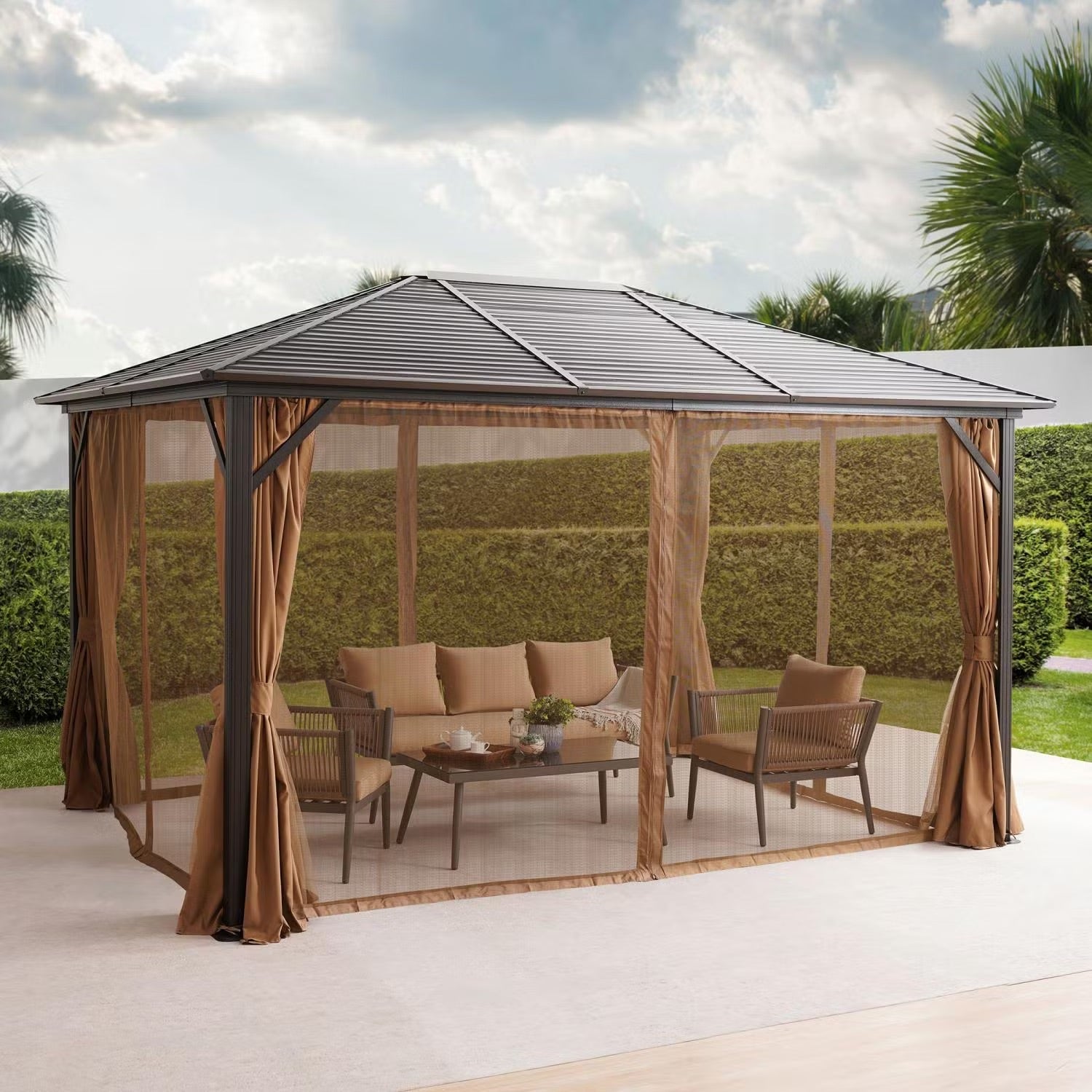 Seranta Brown Outdoor Gazebo with Netting & Durable Aluminium Frame - Perfect for Patios & Gardens