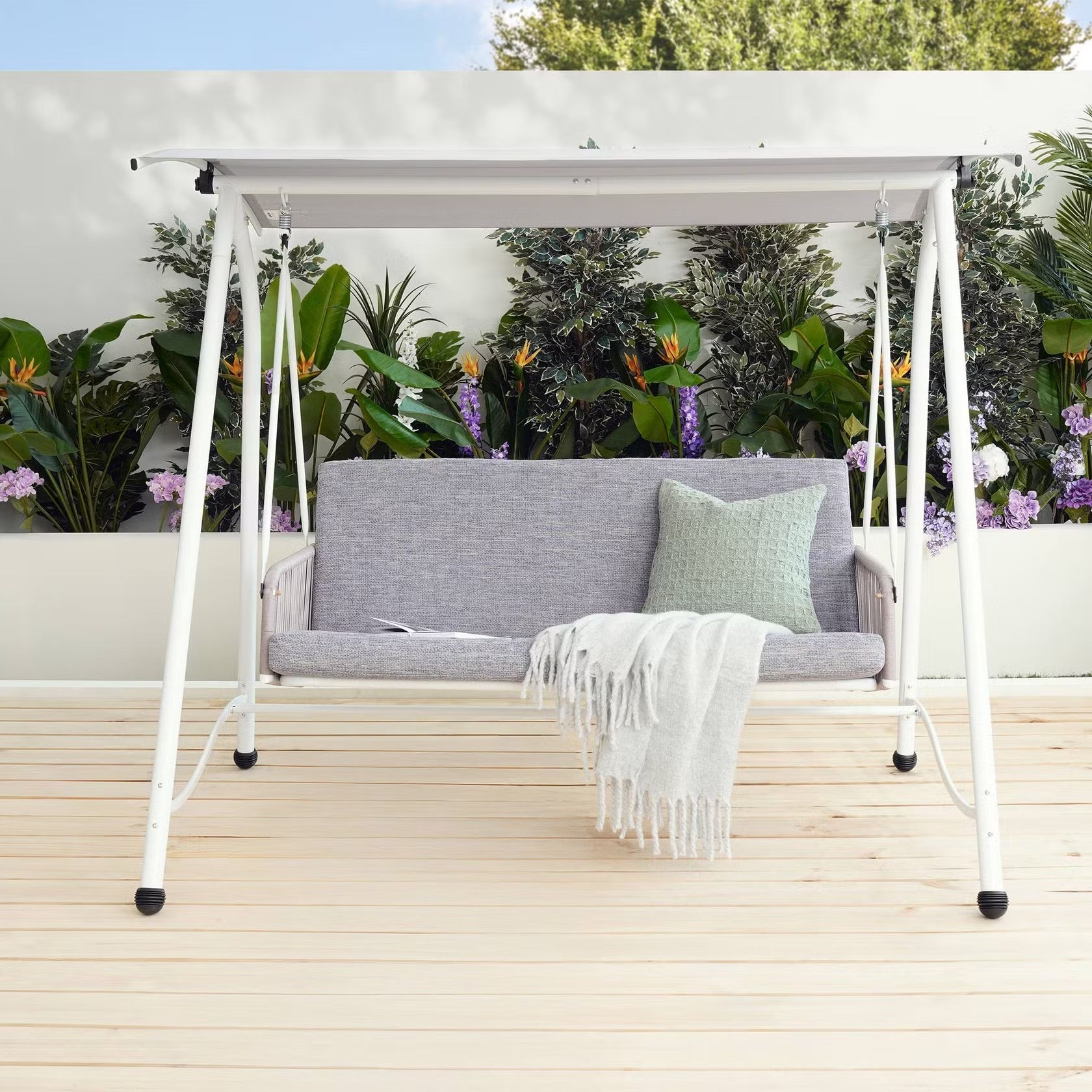 Serela 3-Seater Outdoor Swing Chair - Durable White Steel Frame with Comfortable Grey Cushions - Perfect for Patios & Gardens