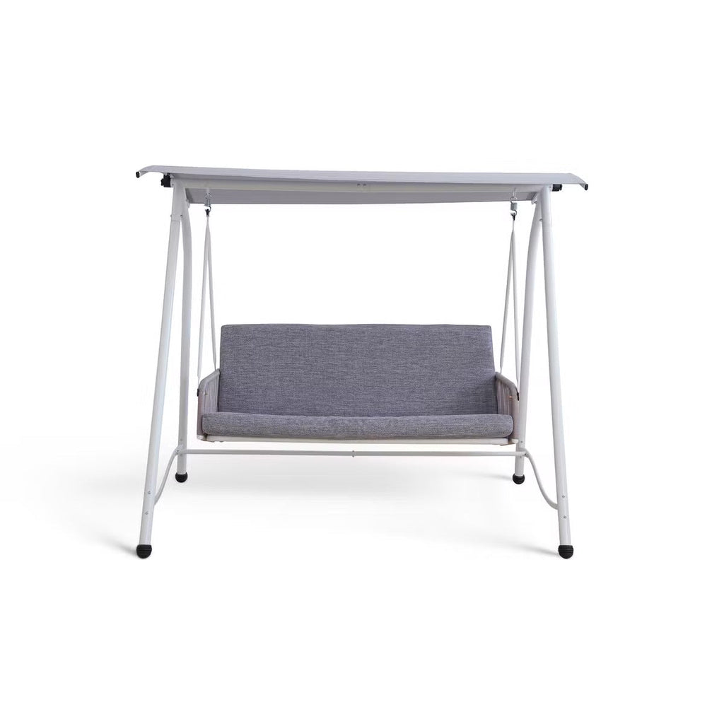 Serela 3-Seater Outdoor Swing Chair - Durable White Steel Frame with Comfortable Grey Cushions - Perfect for Patios & Gardens