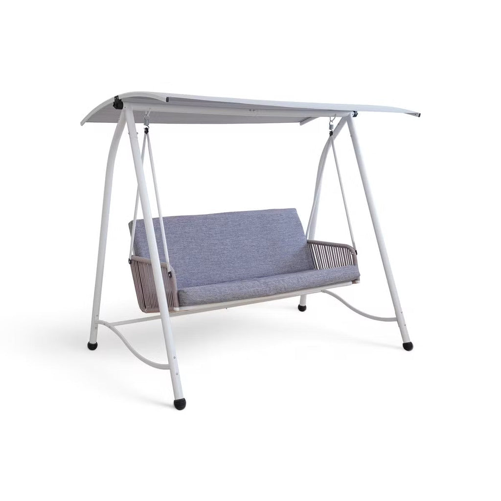 Serela 3-Seater Outdoor Swing Chair - Durable White Steel Frame with Comfortable Grey Cushions - Perfect for Patios & Gardens