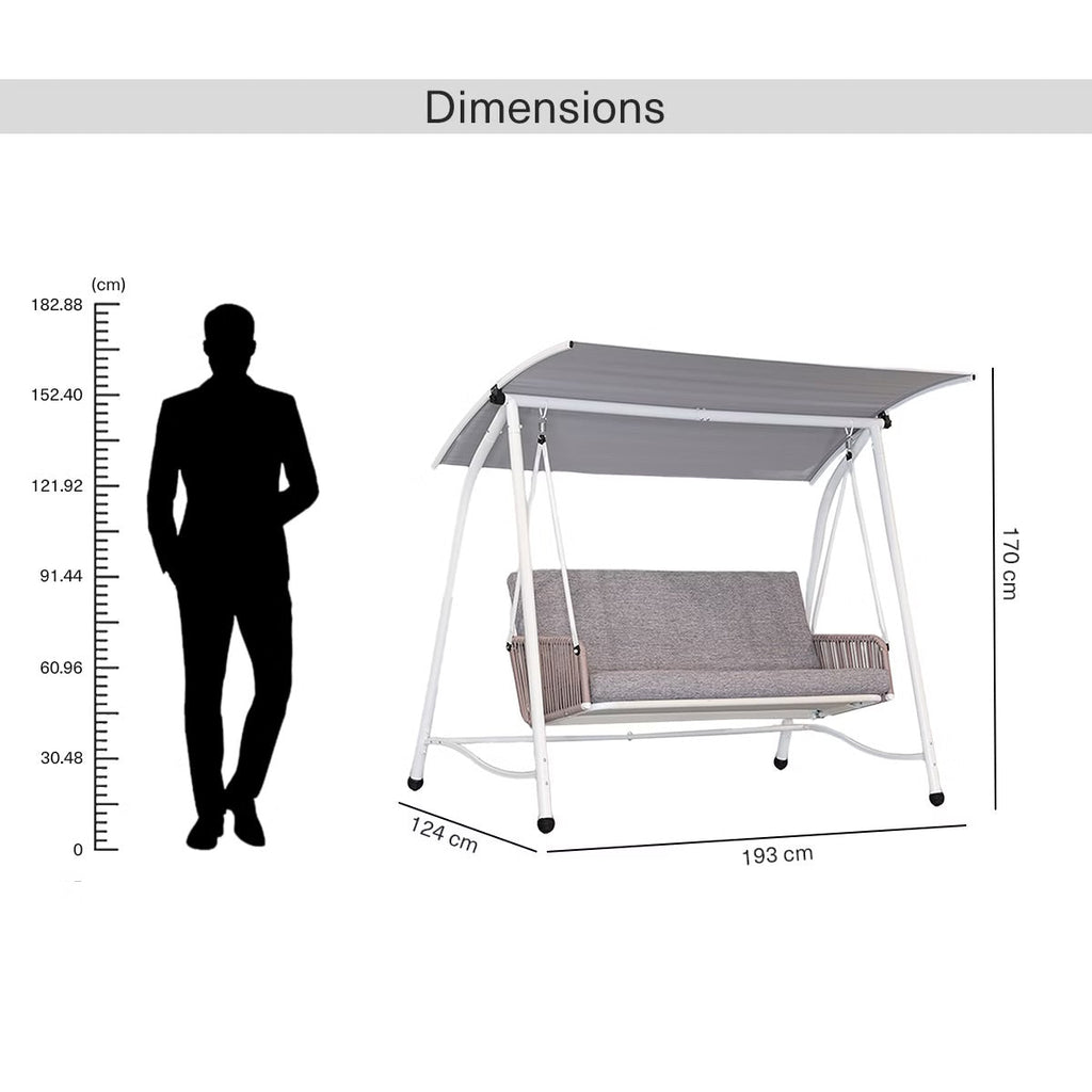Serela 3-Seater Outdoor Swing Chair - Durable White Steel Frame with Comfortable Grey Cushions - Perfect for Patios & Gardens