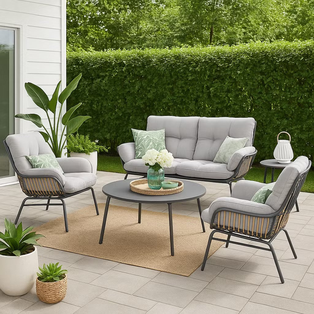 Sorella Grey 4-Seater Outdoor Sofa Set with Coffee Table & End Table – Stylish Patio Furniture for Relaxation