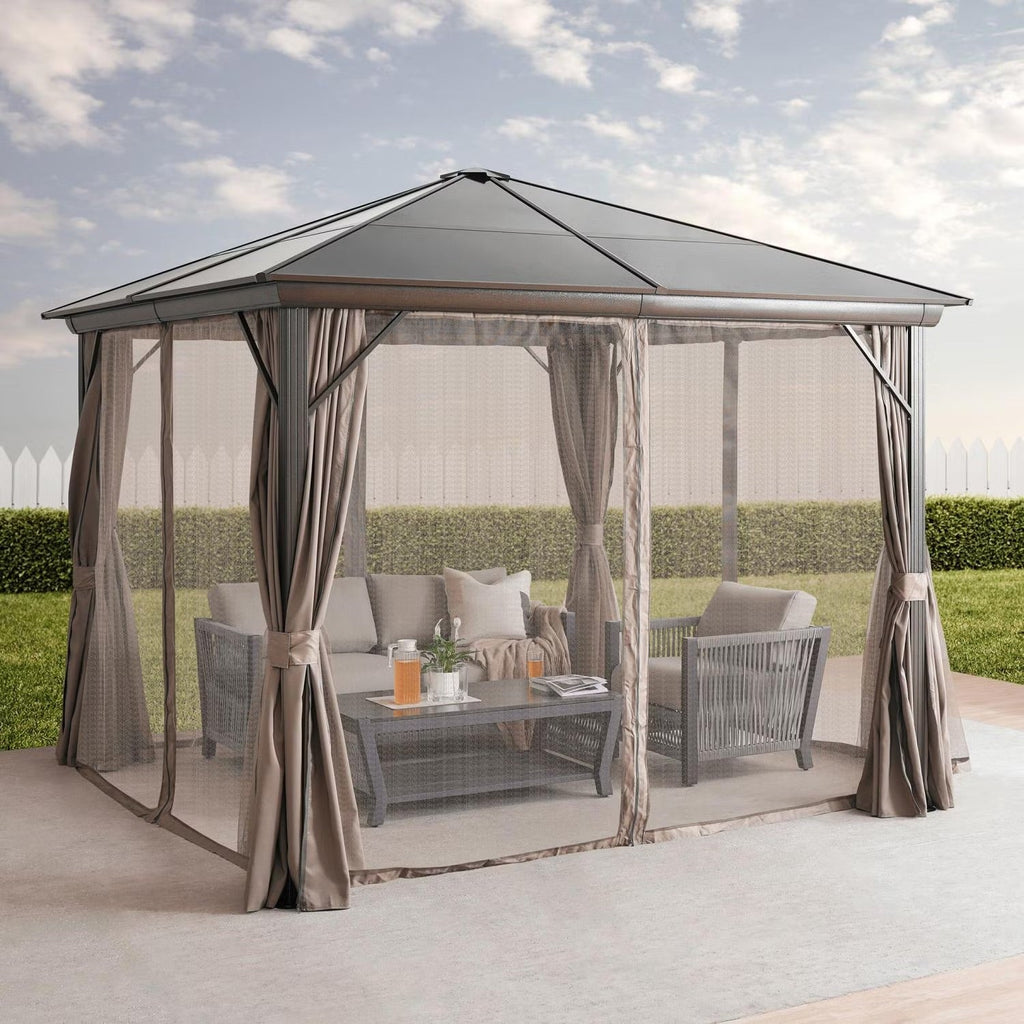 Trevana 3x3m Brown Outdoor Gazebo with Netting & Ceiling Hook - Weather-Resistant Canopy for Patio, Garden, and Events