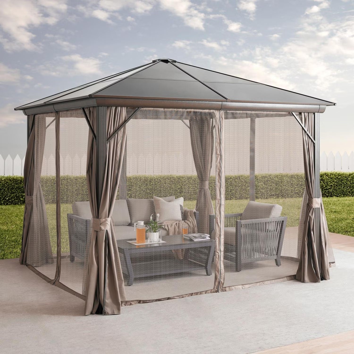 Trevana 3x3m Brown Outdoor Gazebo with Netting & Ceiling Hook - Weather-Resistant Canopy for Patio, Garden, and Events