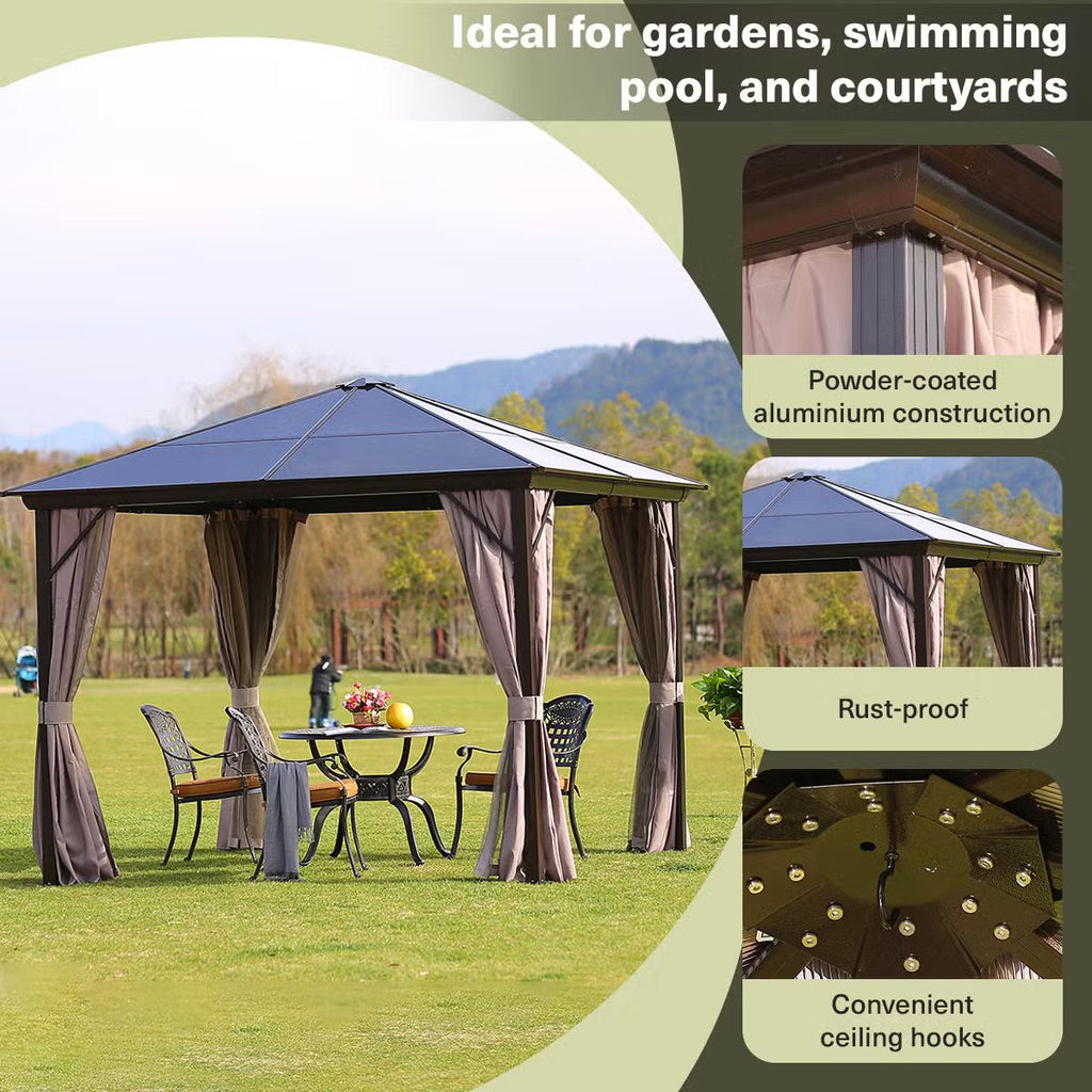Trevana 3x3m Brown Outdoor Gazebo with Netting & Ceiling Hook - Weather-Resistant Canopy for Patio, Garden, and Events