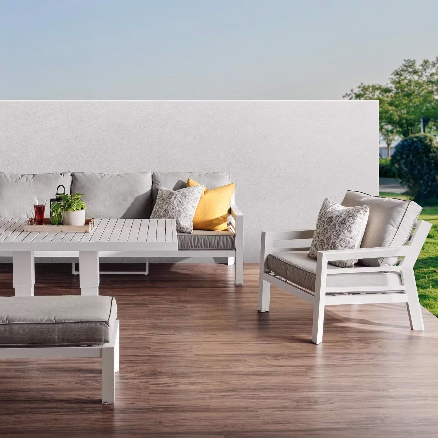 Valencia 5-Seater Outdoor Sofa Set with Bench & Lift-Top Coffee Table - Beige & White Patio Furniture