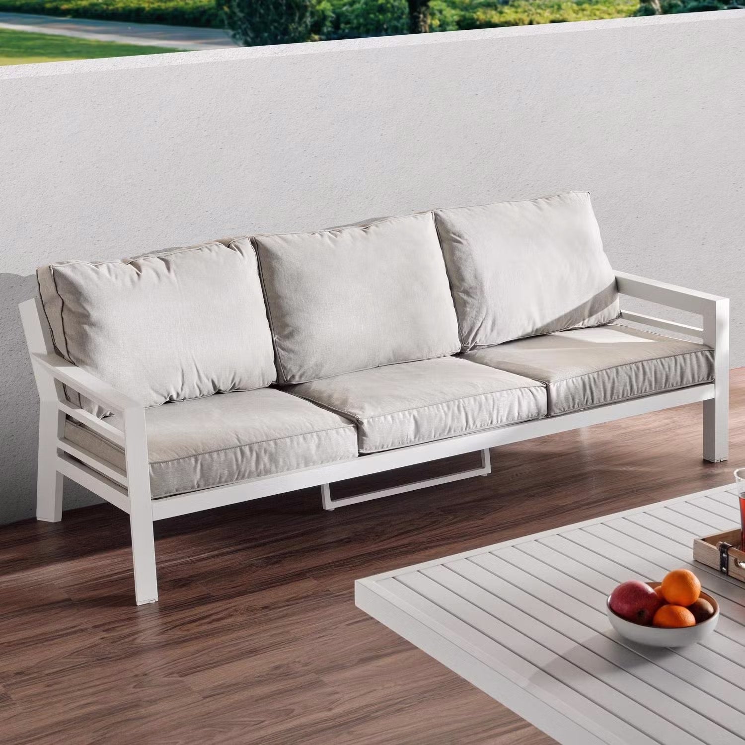 Valencia 5-Seater Outdoor Sofa Set with Bench & Lift-Top Coffee Table - Beige & White Patio Furniture