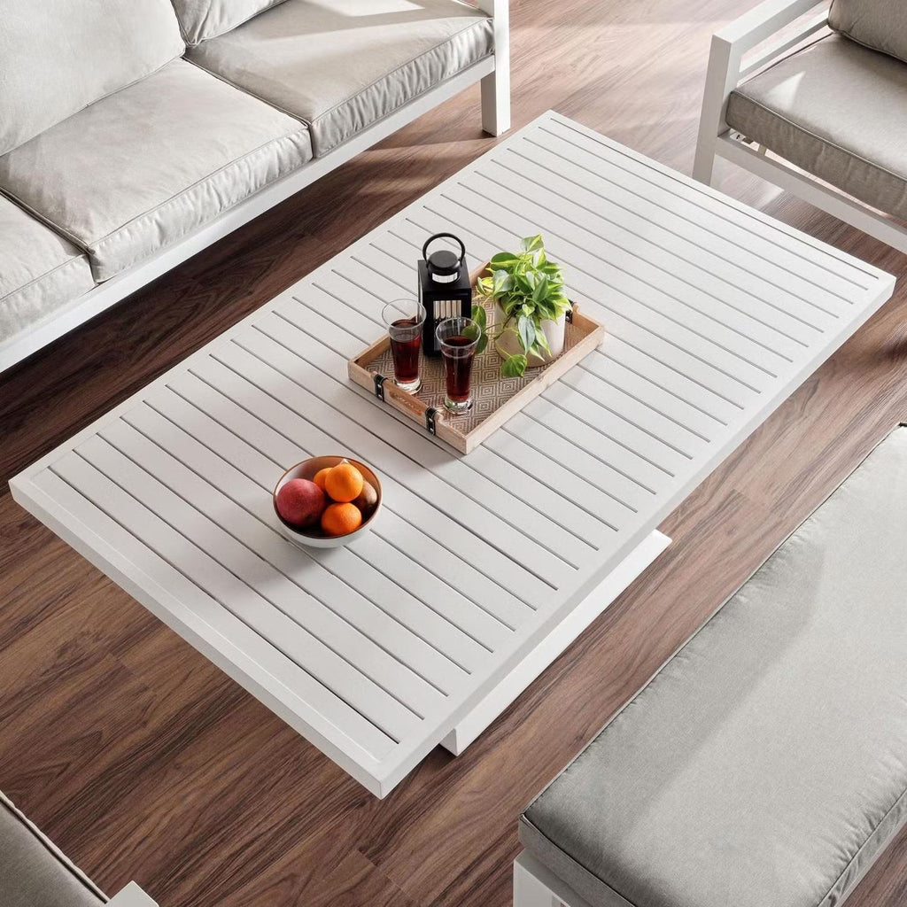Valencia 5-Seater Outdoor Sofa Set with Bench & Lift-Top Coffee Table - Beige & White Patio Furniture