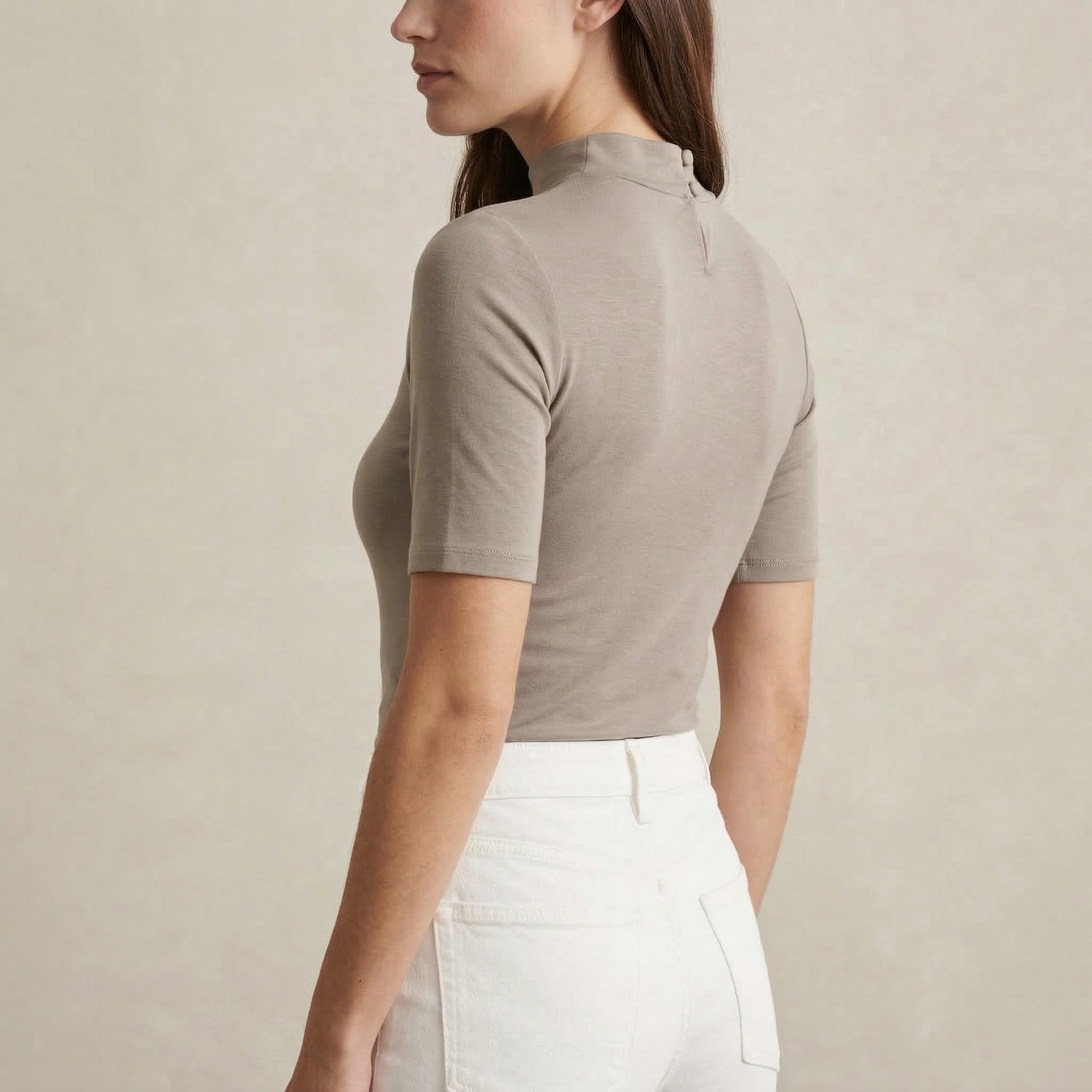 Soft Taupe Mock-Neck Fitted Top